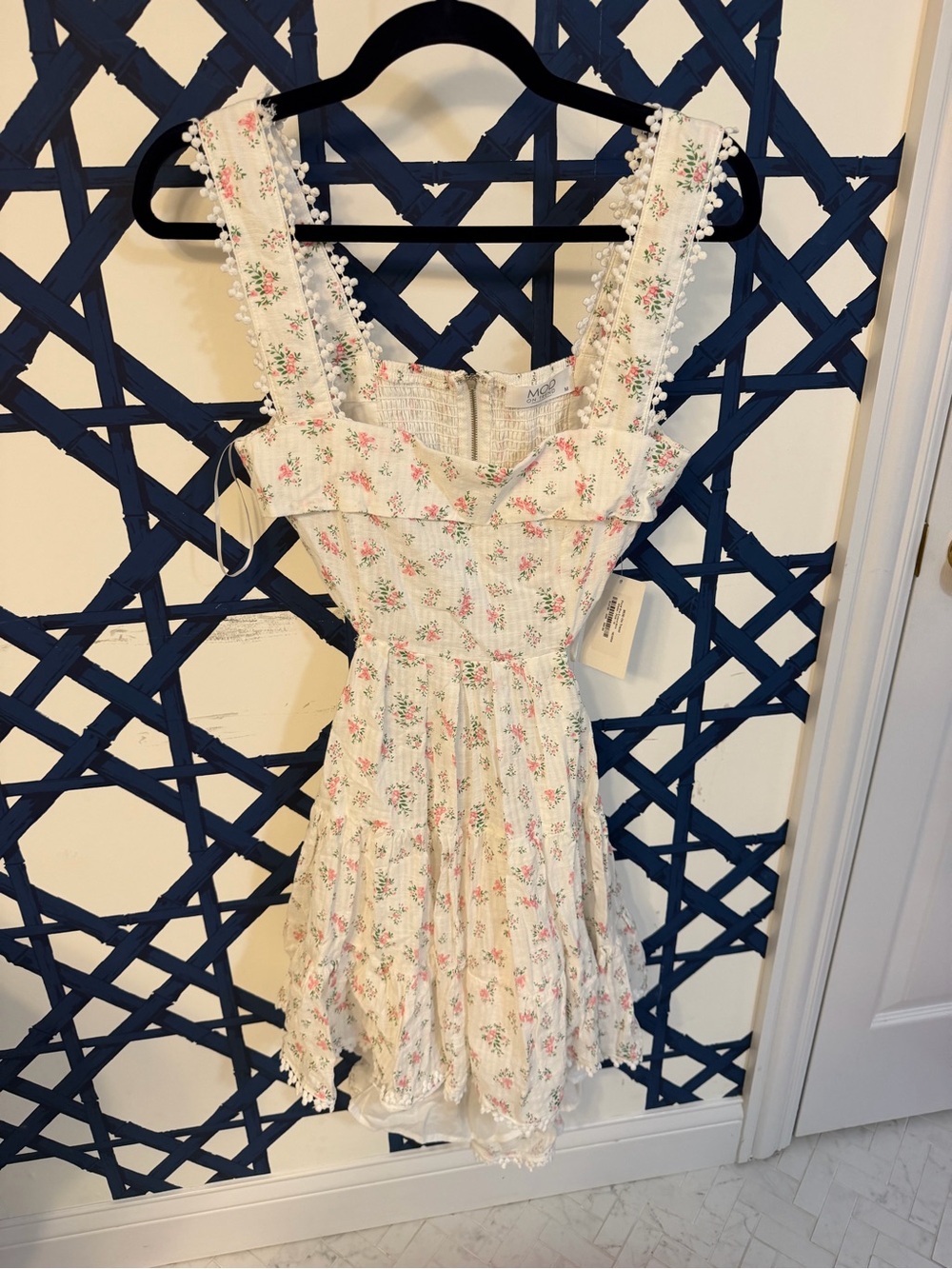 Floral Smocked Mini Dress with Lace Trim - Cream Pink